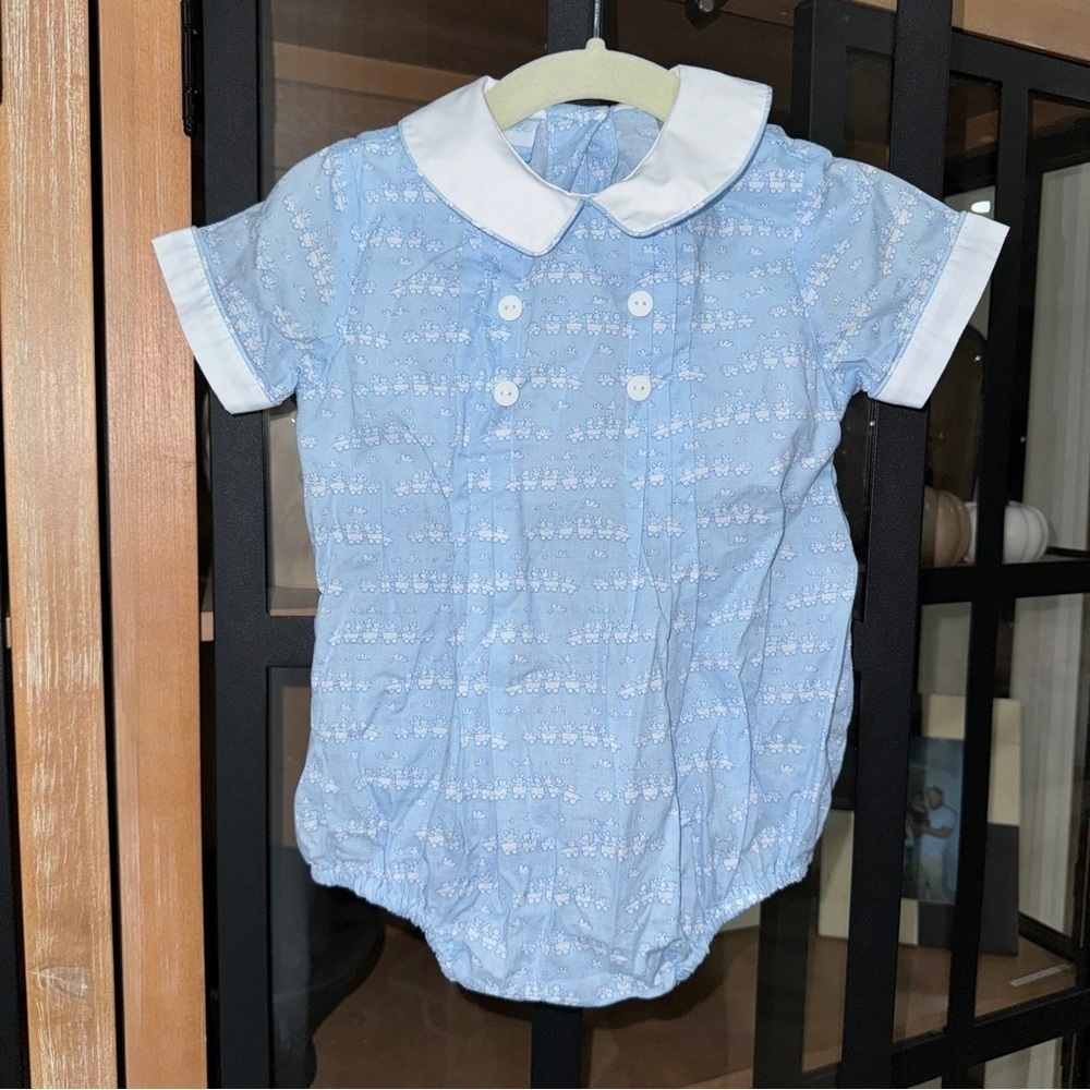 Petit Bebe easter bunnies train bubble smock collar baby boy romper short sleeve